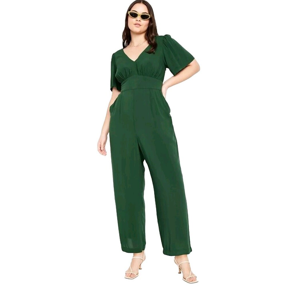 Old Navy Womens Jumpsuit Romper Waist Defined Puff-Sleeve Green Large